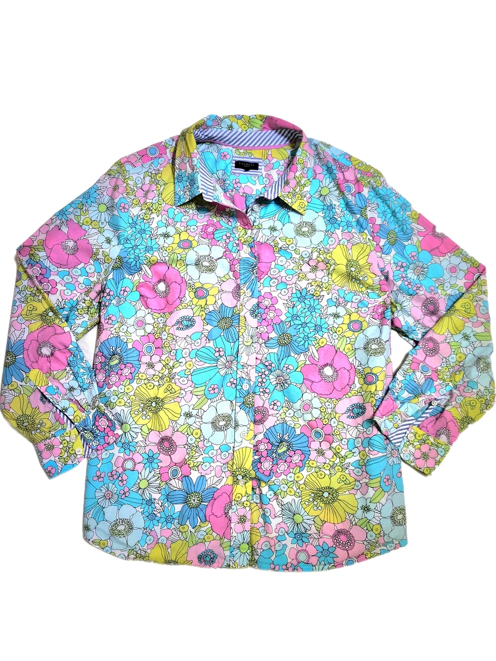 Talbots Vintage Style Floral Button Down Shirt Pastel Retro Psychedelic Pink Blu